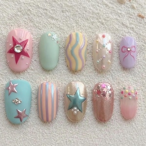 Pastel Star Press On Nails Kawaii Candy Color Glitter Y2K Cute Nails Rainbow Sweet Handmade Short Nail Set