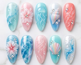 Fake Nails for Summer Beach | Mermaid Nails with Shell Pearls | Pastel Vacation Nails | Cute Ocean Press On Nails Set, Blue Pink Nails
