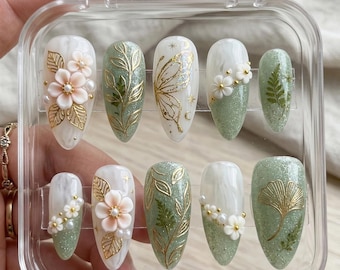 Sage Green Floral Press On Nails Almond Shape with Gold Leaf Butterfly and Pearl 3D Flower Design