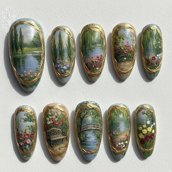 Handmade Monet Garden Press On Nails | Hand-painted Water Lilies & Pond Art | Luxury Gold Frame Impressionist Almond Set