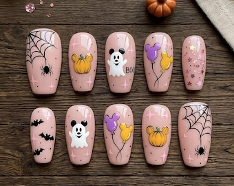 Pink Halloween Press On Nails, Ghost Pumpkin Balloon Spider Web Nails, Cute Handmade Reusable Square Nail Set