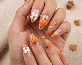 Uñas postizas 3D con forma de calabaza, uñas con lazo floral otoñal, lindas uñas postizas reutilizables hechas a mano con forma de almendra para pegar.