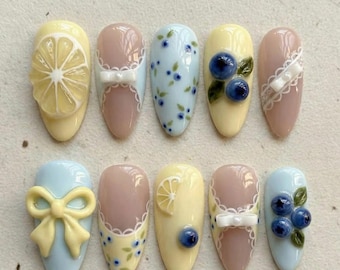 3D Blueberry Yellow  Lemon  Press On Nails: Cottagecore Bow Fruit Nail Art