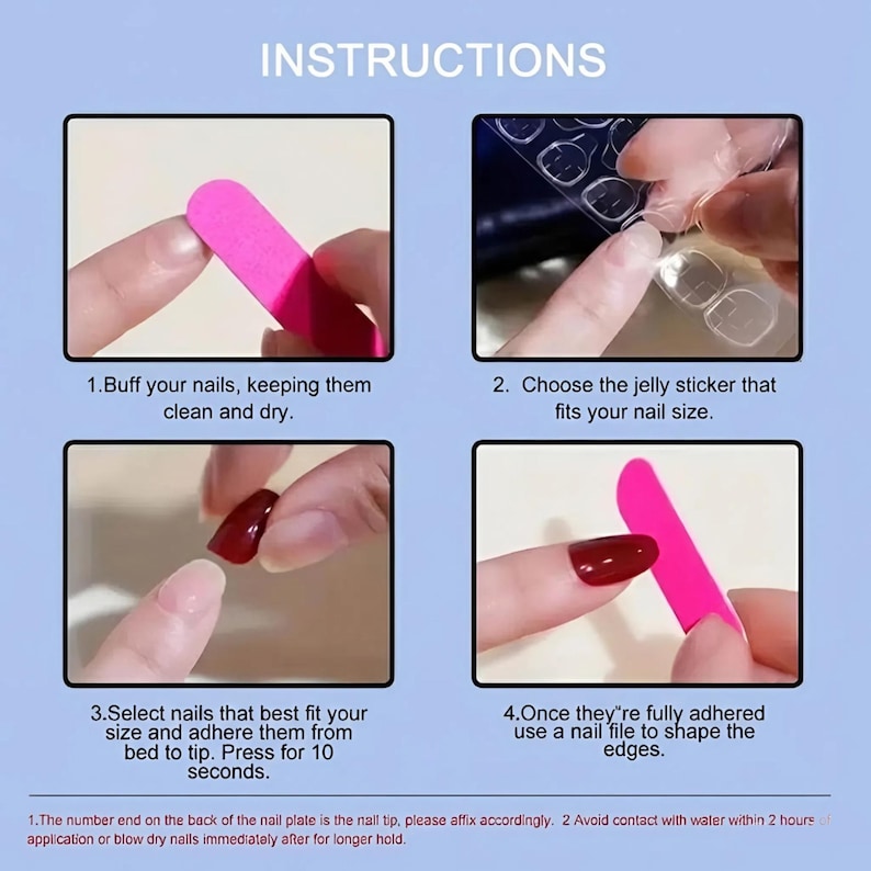 May include: Instructions for applying false nails are shown in four steps. The steps include buffing nails, choosing jelly stickers, selecting nails, and shaping edges with a nail file. The text also includes tips for application.