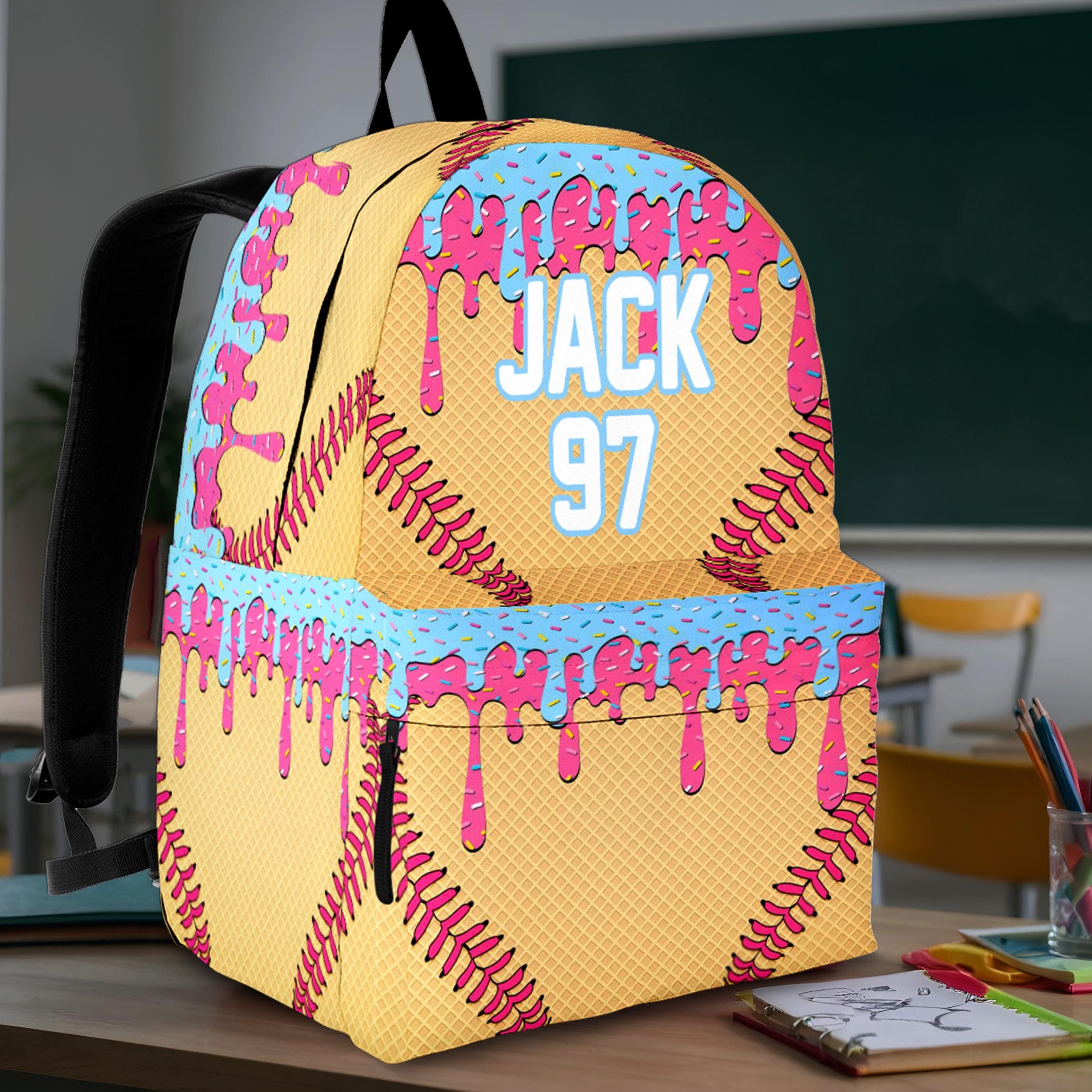 Custom Name Back to School Backpack 3 size, Gift for Kid Back to School, Ice Cream Drip Baseball Style Backpack