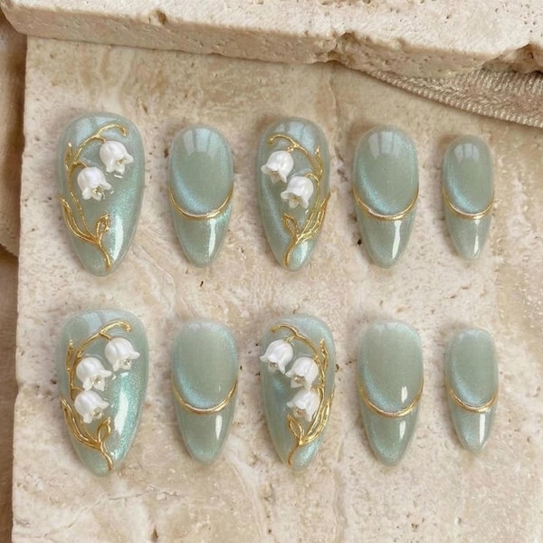 May - Lily of the Valley Press On Nails Pearl Cat eye Green Almond Set, Gold Detail Floral Elegant Nail Design for Mom, Mum's Gift