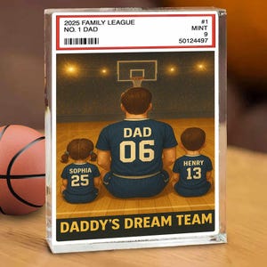 Plaque en bloc acrylique personnalisée pour papa, carte à collectionner de basket-ball n° 1, cadeau de fête des pères personnalisé par enfant, souvenir de papa sportif, décoration pour papa et enfant