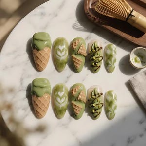 May include: A set of ten press-on nails featuring matcha-themed designs. The nails include patterns of waffle cones with green icing, white latte art hearts on a green base, waffle pieces, swirled green soft serve, and green and white marble.