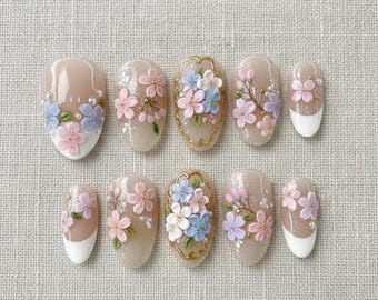 Secret Garden Flowers Press On Nails, Fairy Tale Inspired Fake Nails, Summer Spring Pink Nail Art, Birthday Holiday Nails, Gifts for Her