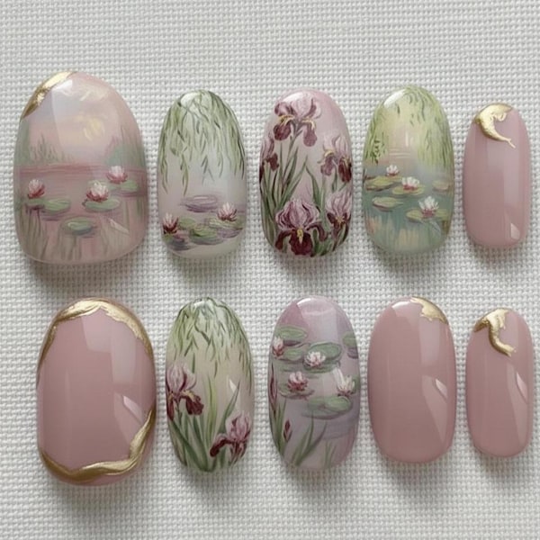 Handmade Monet Water Lotus Press On Nails | Impressionist Oil Painting Art | Luxury Sage Blue Garden & Gold Foil Oval Set