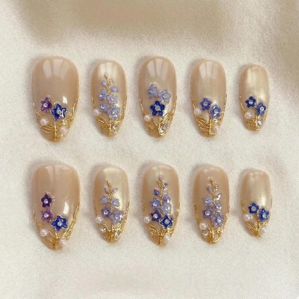 July - Larkspur Flower Press On Nails Nude Gold Short Oval Set, Blue Floral Elegant Nail Design for Mom, Mother’s Day Gift, Mum Gift