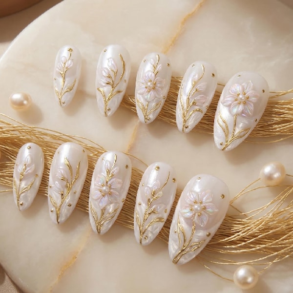 August - White Gladiolus Flower Press On Nails Pearl White Almond, Gold Floral Elegant Nail Design for Mum, Mother’s Day Gift, Grandma Gift