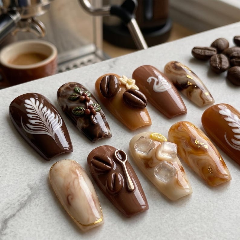 May include: A set of ten press-on nails featuring coffee-themed designs in shades of brown, cream, and tan. The nails include 3D embellishments like coffee beans, a tiny spoon, ice cubes, a lemon slice, a white swan, and latte art patterns.