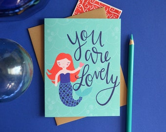 You are lovely, Happy Valentine's Day, Mermaid, Galentine, BFF, Folded Note Cards, Galentine's Day, Valentine's Day, Kids, Girls, Teen