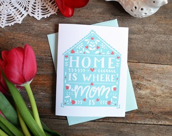 Home is Where Mom is, Mother's Day Card, Pretty, Heart, Hand Drawn, Happy Mother's Day, I love you mom, Mama, Momma, house, home sweet home