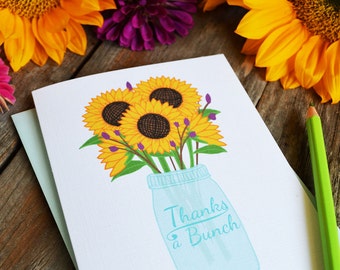 Thanks a bunch, Thank you card, Floral Folded Note Cards, Stationery, Hand Drawn, Illustration, Flowers, Sunflower, Mason Jar,  Notecards