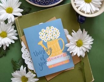 Thinking of you daisies, watering can, Sympathy, You are not alone, Floral, Flowers, Illustration, Notecards, Greeting Card, Handlettered