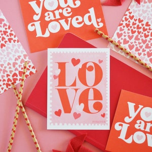 Valentine Galentine Postcard Set, 8 postcards, You are loved, Thinking of you, Happy Mail, Post card, LOVE Stamp, hearts, planner cards image 1