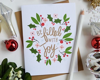 Be Filled with Joy, seasonal Folded Note Cards, Christmas, Stationery, Hand Drawn, Illustration, Holiday, Notecards, Greeting Cards