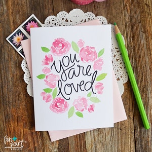 Valentine, You are loved, Sweet floral Valentines Day Card, Stationery, Hand Drawn, Illustration, Holiday, Notecards, Greeting Cards image 1