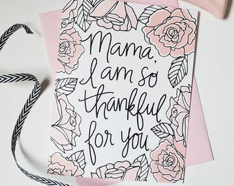 Mamma Sono così grato per te, Carta della festa della mamma Floral, Happy Mother's Day Pretty, Blush Pink Peonies a mano, floreale bianco e nero