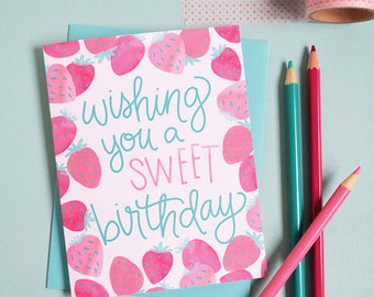 Happy Birthday, Wishing you a sweet birthday, Celebrate strawberries Birthday Card, Girl, watercolor, Greeting Card, strawberry, make a wish