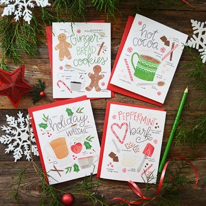 Holiday treats, Gingerbread cookies, hot cocoa, peppermint bark, holiday wassail, recipe illustration Merry Christmas, set of four cards image 1