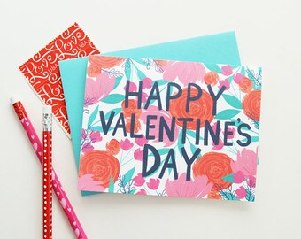 Happy Valentine's Day, I love you, Valentine, Hand lettered, Floral painting, I heart you, Valentine's Day, Stationery, Galentine's Day