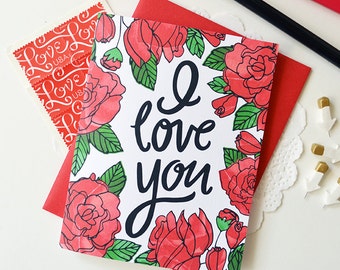 I love you, You are my favorite, Valentine, Hand lettered, roses, Folded Note Cards, Valentine's Day, Stationery