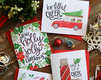 Set of four, Be Filled with Cheer, Holly Jolly Christmas, Have a cup of Cheer, Christmas faves seasonal Folded Note Cards, Holiday Cards