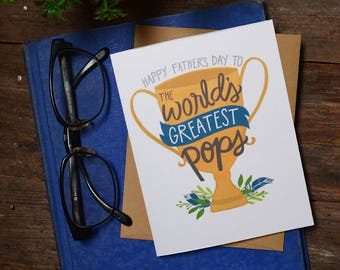 Happy Father's Day to the World's Greatest Pops, Father's Day Card, Best Dad Ever, Greeting Card, Unique, Trophy, Cute Father's Day Card