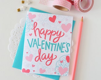 Happy Valentine's Day, Set of FOUR Folded Note Cards, Stationery, Illustration, Love Note, Heart, Hand-lettered, xoxo, hugs and kisses