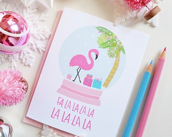 Flamingo Snow Globe Fa-la-la-la-la, seasonal Greeting Card, Christmas, Stationery, Hand Drawn, Illustration, Holiday card, Pink Christmas