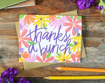 Thanks a bunch, Watercolor wildflowers, Thank you card, Floral, Garden, Spring, Notecards, Greeting Card, colorful, bright, many thanks