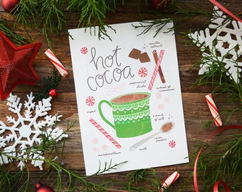 Hot cocoa recipe illustration Art Print, hot chocolate, Holiday Decor, Cookie exchange, Kitchen Art Seasonal, Cup of Cheer, Teacher gift