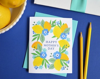 Happy Mother's Day, Lemons, Mother's Day Card Floral, painted flowers, Pretty, Hand-lettered, Greeting Card, Hand Drawn, Mom, Mama, Momma