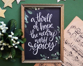 A thrill of hope, the weary world rejoices, Art Print Happy Holidays Christmas Decor, mistletoe, minimal christmas, chalk art hand-lettering