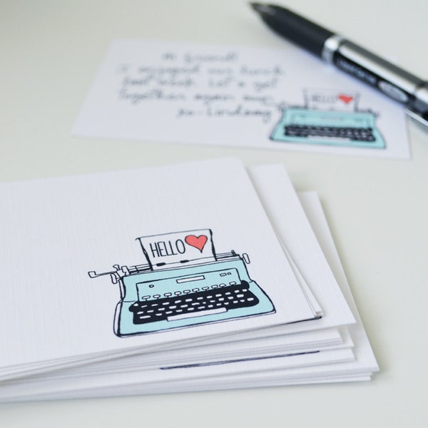 CHOOSE your color Set of 24 Typewriter Mini Cards, Illustration, Hello Mini Note Cards, Note cards, 2.75 x 4.25 inches