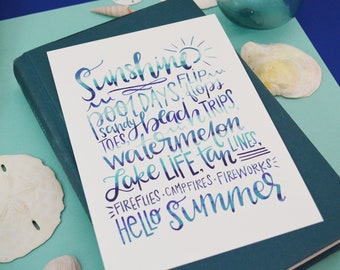 Hello Summer, Summer Vibes, Sunshine, Ocean, Lake, Beach, Pool, Art Print, Handlettered, Waves, summer favorites, Live in the sunshine