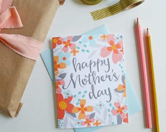 Mother's Day Card Floral, Coral and Orange, Pretty, Stationery, Hand Drawn, Illustration, Flowers, Flora, Notecards