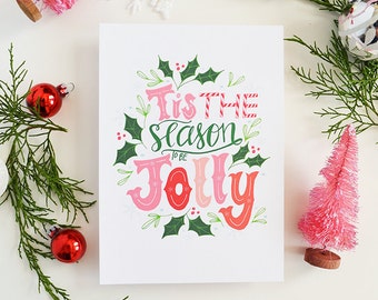 Tis the season to be jolly, Art Print Happy Holidays, Christmas Decor, Holidays decor, Wreath, Merry Christmas, Winter Illustration
