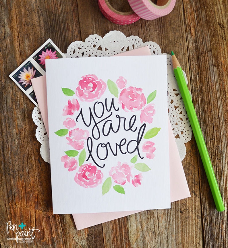 Valentine, You are loved, Sweet floral Valentines Day Card, Stationery, Hand Drawn, Illustration, Holiday, Notecards, Greeting Cards image 1