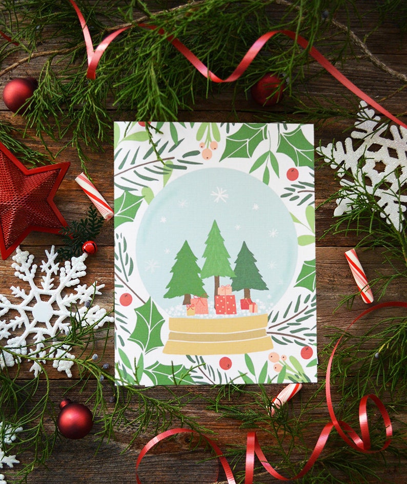 Christmas Tree Snow Globe Art Print, Happy Holidays, Christmas Decor, Holidays decor, Merry Christmas, Winter Illustration, Holly image 1