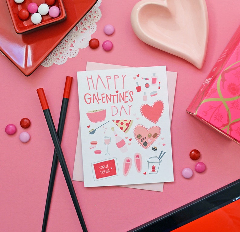 Girl/'s Night Folded Note Cards February 13 Stationery Happy Galentine/'s Day Best Friend Girl stuff BFF Chocolate Heart Wine Pink