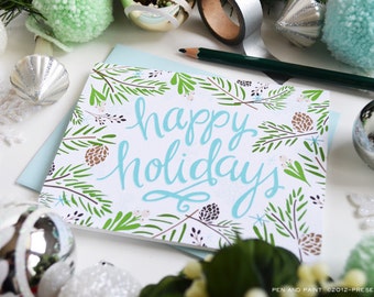 Happy Holidays, seasonal Folded Note Cards, Christmas, Stationery, Hand Drawn, Illustration, Holiday, Notecards, Greeting Cards