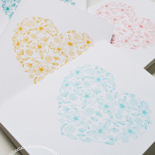 Set of Four Floral Folded Note Cards, Stationery, Hand Drawn, Illustration, Flowers, Flora, Greeting Cards, Mustard, Teal, Aqua, Coral
