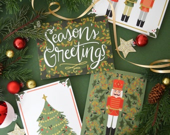 Set of four, Nutcracker Christmas, Season's Greetings, Nutcrackers, Christmas tree, seasonal Folded Note Cards, Holiday Cards