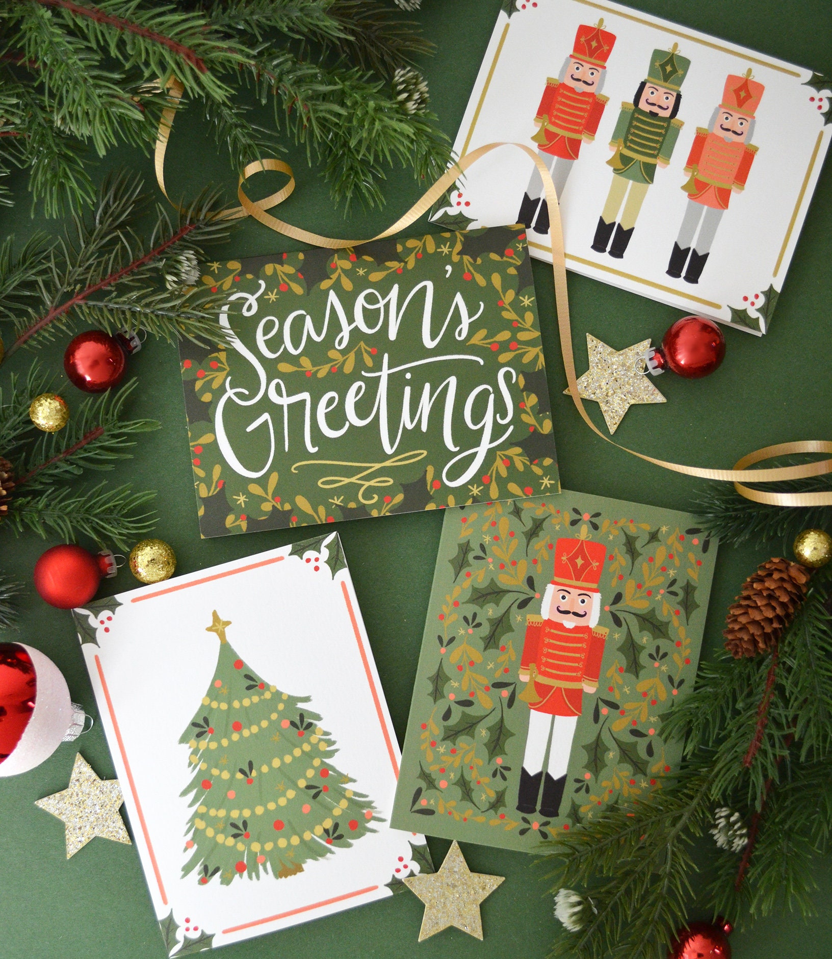 Set of four, Nutcracker Christmas, Season's Greetings, Nutcrackers, Christmas tree, seasonal Folded Note Cards, Holiday Cards