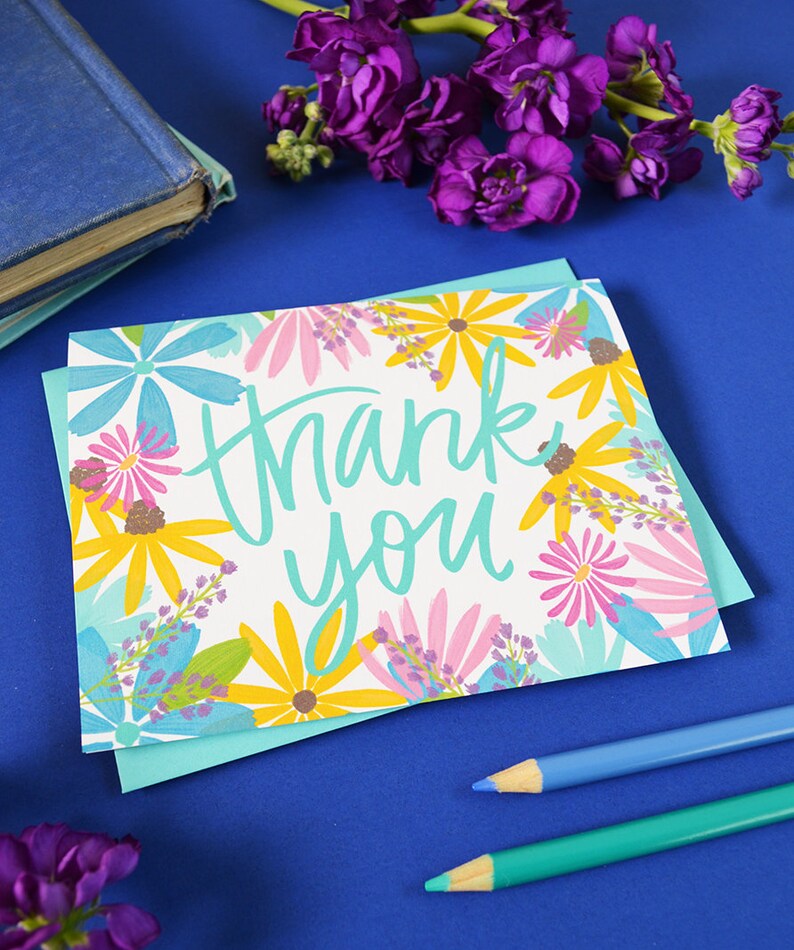 Thank you Watercolor Flowers Thank you card Floral | Etsy
