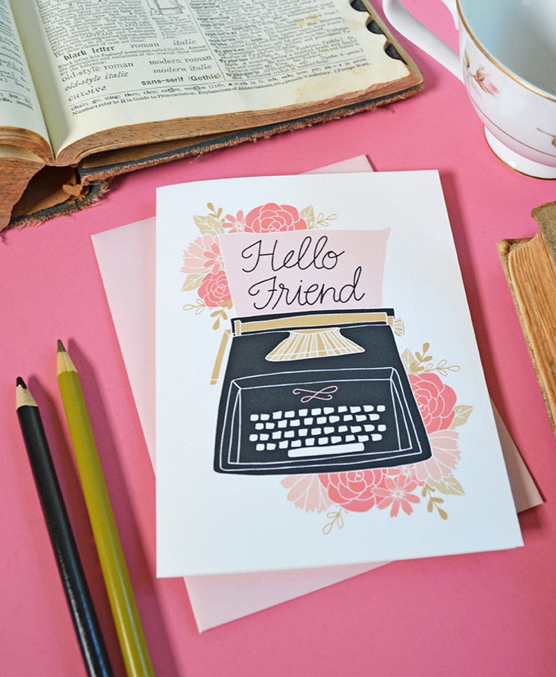 Hello Friend Vintage Typewriter Greeting Card Fun notecards Etsy
